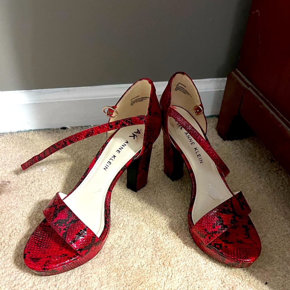Anne Klein Red and Black Snakeskin Print Thick Heels